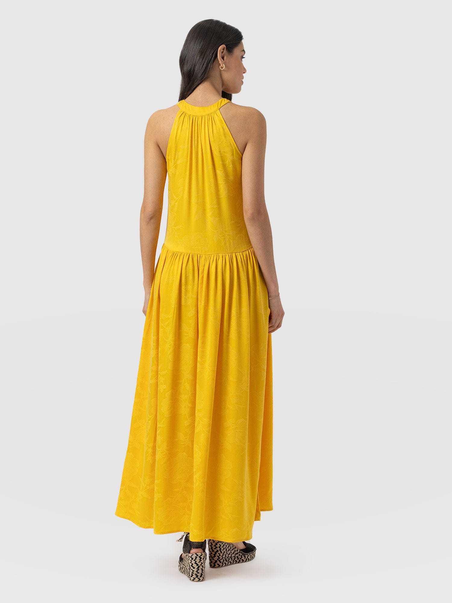 Zoey Halter Neck Dress - Yellow Jacquard